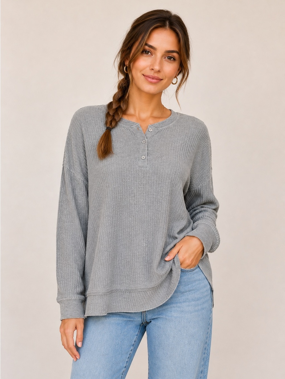 Z Supply Heather Gray Ribbed Layered Henley Long Sleeve Top